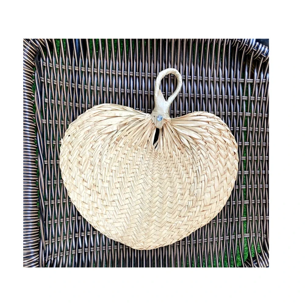 Vintage Boho Woven Raffia Fan w/ Rhinestone - Heart Shaped - Leaf Wall Decor